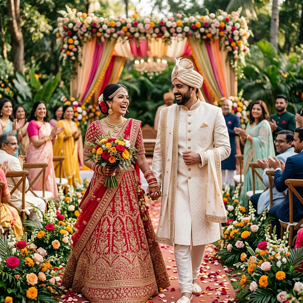 Joyful Indian bride and groom walk during luxury wedding ceremony