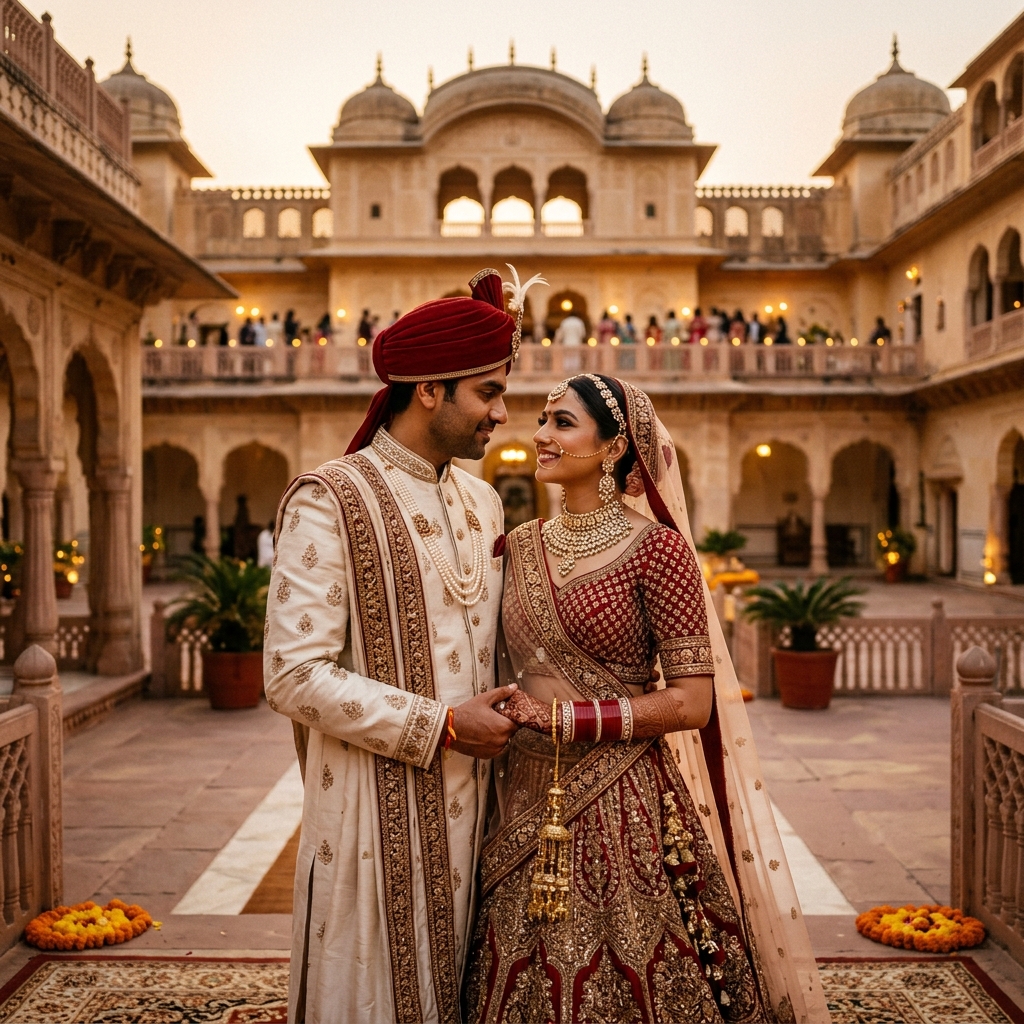 Premium editorial wedding portrait of bride and groom in traditional designer attire at heritage palace