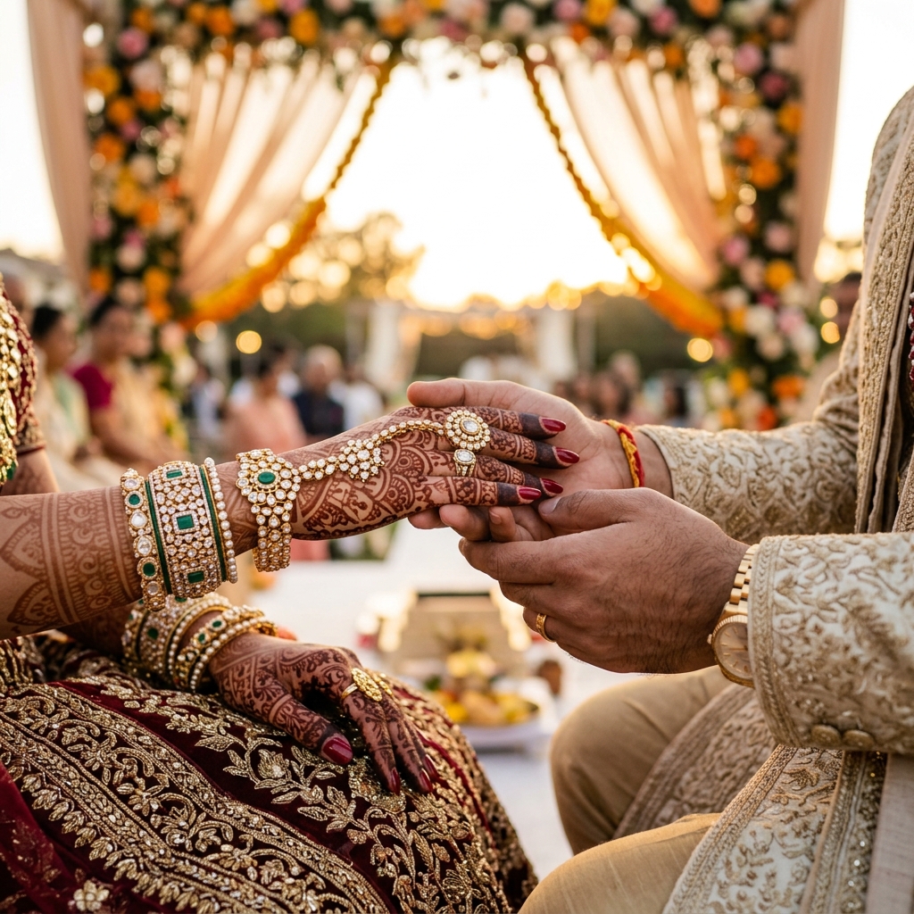 Indian wedding details: intricate henna and holding hands close up